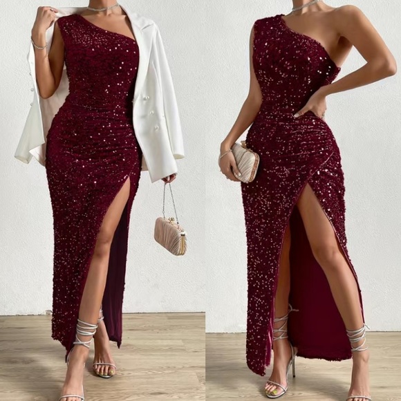 Luxe baby pink one shoulder slit thigh party formal evening sequins dress - Picture 12 of 16